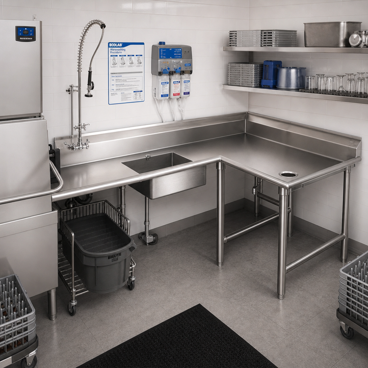 Product image #2 for Eagle Group Corner Soiled Dishtable with Pre-Rinse Sink, 72" Machine-to-Corner x 60" Corner-to-End, Right-Hand, 16/304 Stainless Steel