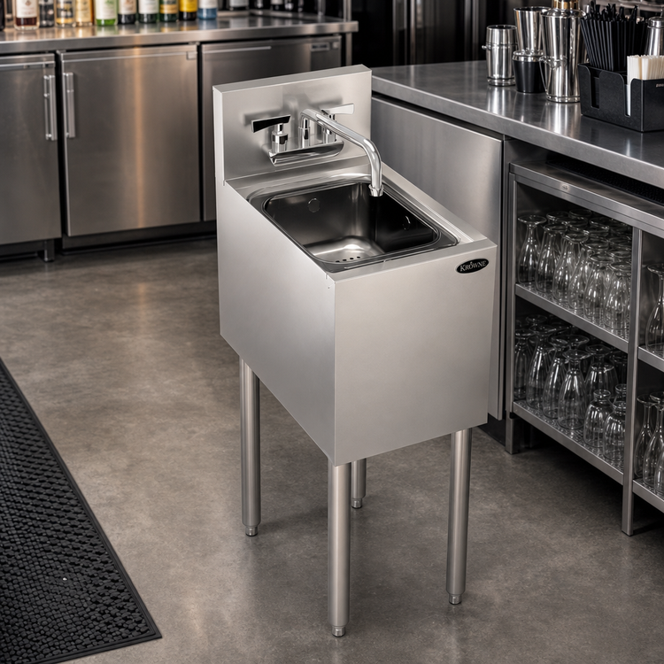Product image #2 for Krowne Royal Series Freestanding 12-Inch Stainless Steel Underbar Dump Sink with Single Compartment, Faucet, and Perforated Basket