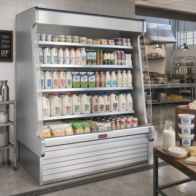 Product image #2 for Howard-McCray 35E Series Dairy Open Merchandiser, 147-Inch Remote Refrigeration Case, Stainless Steel, LED Lighting, Sloped Endless Design
