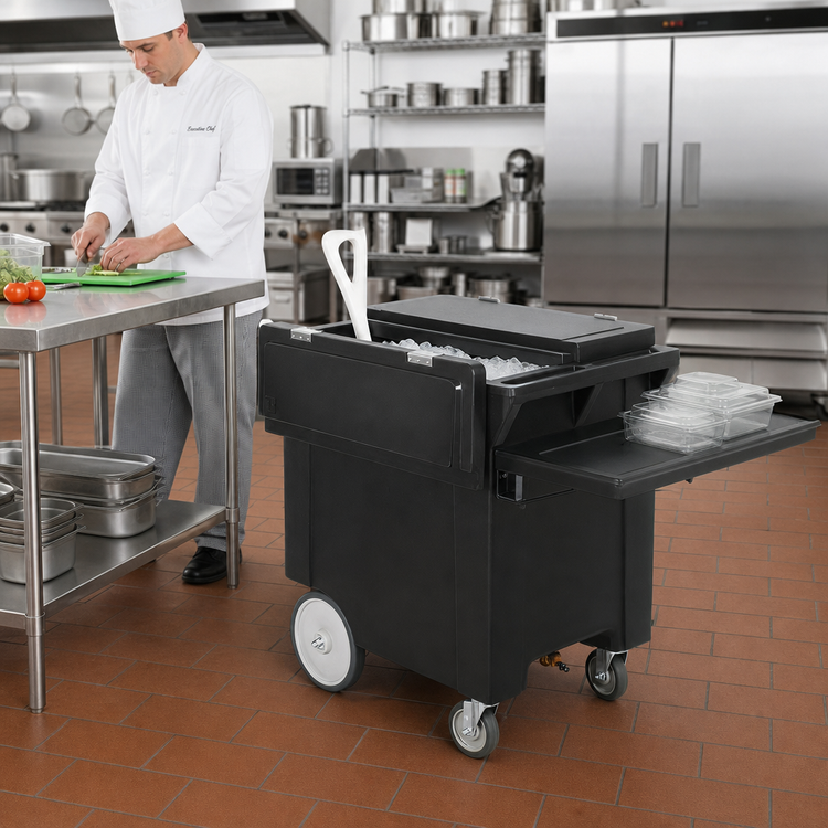 Product image #2 for Cateraide Mobile Insulated Ice Caddy, 200 lb. Capacity, Black, with Shelf, Drain Faucet, and 10-Inch Wheels