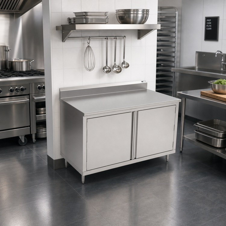Product image #2 for John Boos Enclosed Stainless Steel Work Table with Cabinet Base and Hinged Doors, 36 x 24 Inches, 5-Inch Backsplash