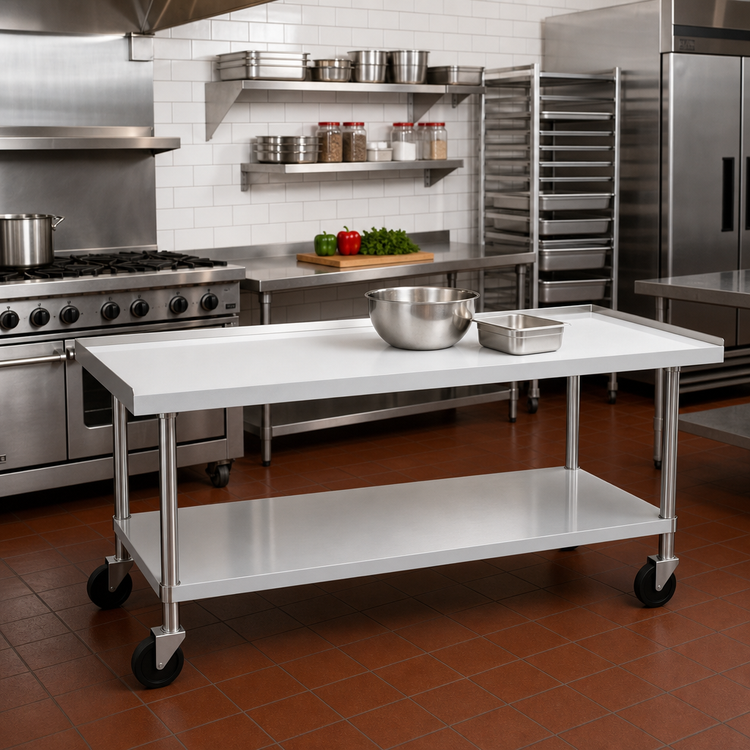 Product image #2 for Ovention Stainless Steel Equipment Stand with Adjustable Undershelf, No-Drip V-Edge, Splash and Casters, 24-Inch H x 60-Inch W