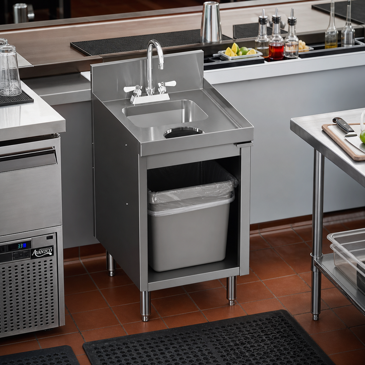 Product image #2 for CHOICE 18-Inch Stainless Steel Underbar Hand & Dump Sink Cabinet with Open Front, Dry Waste Chute, and Gooseneck Faucet
