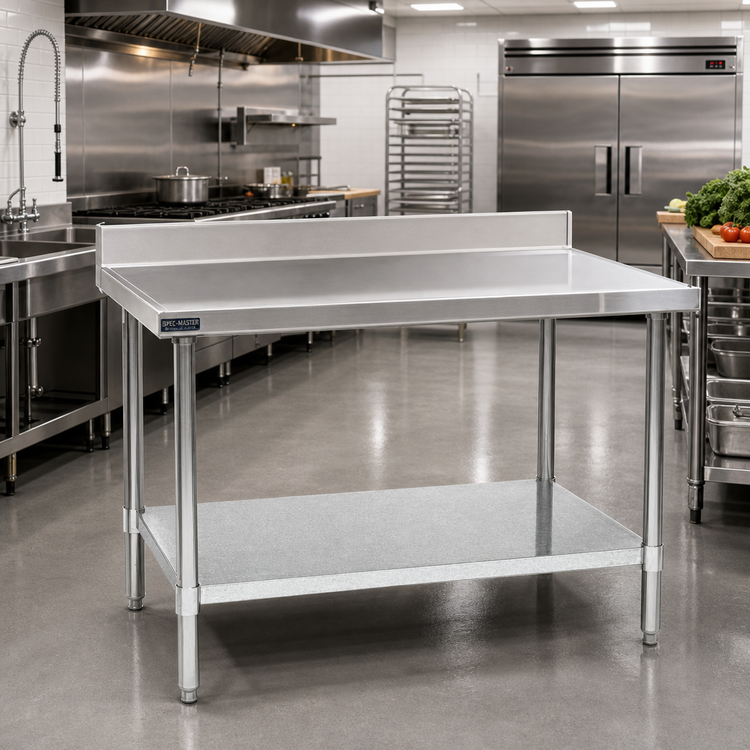 Product image #2 for Spec-Master Marine Series Stainless Steel Work Table with 4-1/2 Inch Backsplash and Galvanized Undershelf