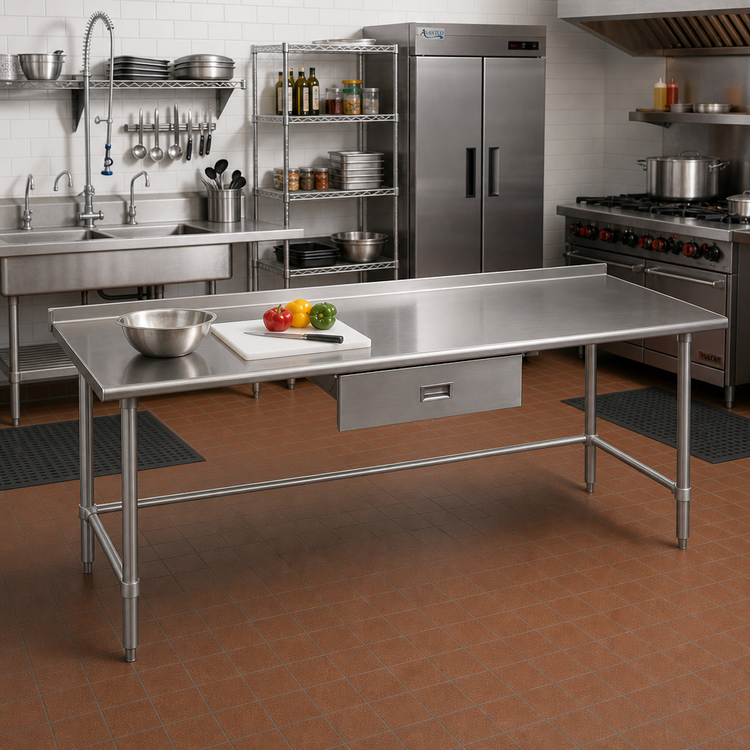 Product image #2 for Eagle Group Budget Series 144-Inch x 24-Inch 430 Stainless Steel Work Table with 1-1/2-Inch Rear Up-Turn