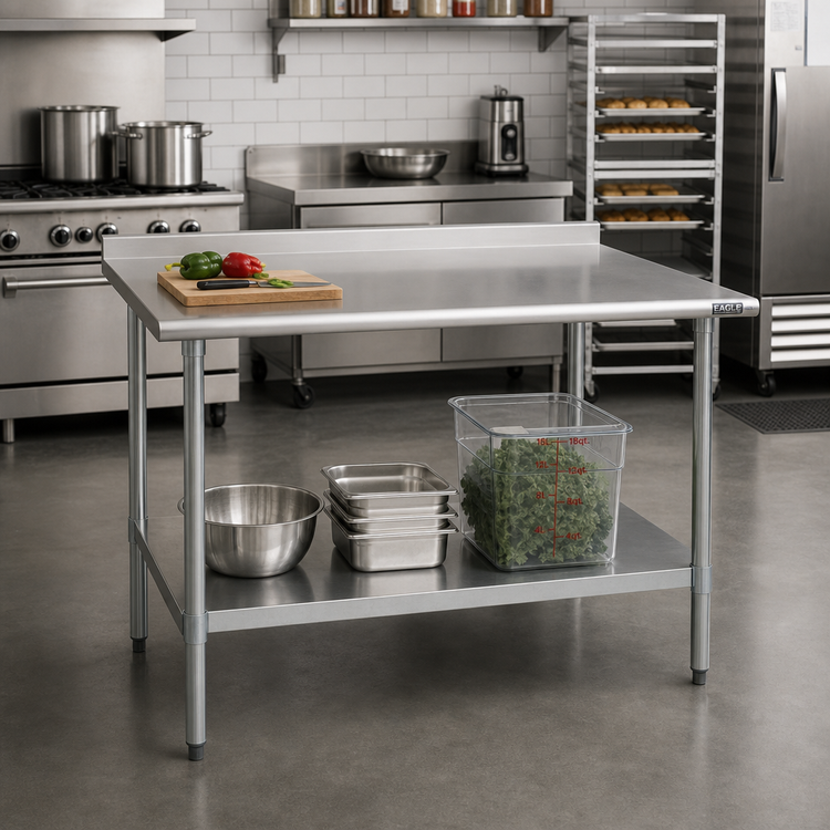 Product image #2 for Eagle Group Budget Series 48 Inch x 36 Inch 430 Stainless Steel Work Table with 1-1/2 Inch Rear Up-Turn and Undershelf