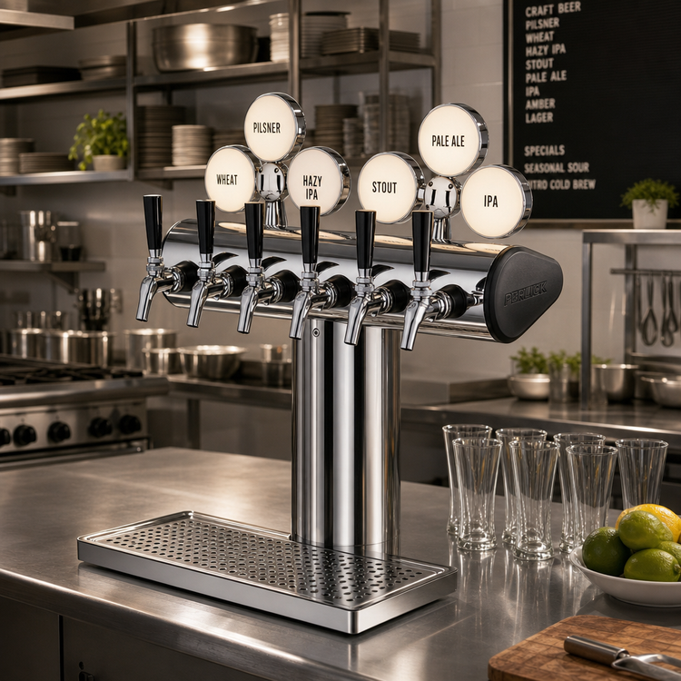 Product image #2 for Perlick Illuminated Winged Tee Countertop Glycol-Cooled 8-Faucet Draft Tower