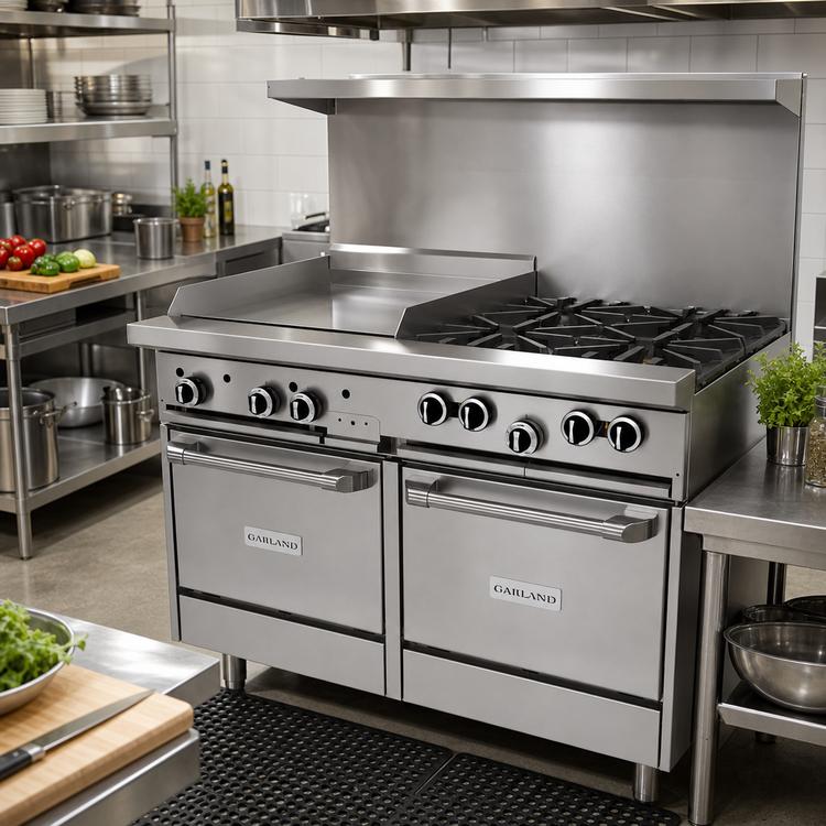 Product image #2 for Garland G Starfire Pro 48-Inch Gas Restaurant Range with 4 Open Burners, 24-Inch Griddle, and 2 Space-Saver Ovens