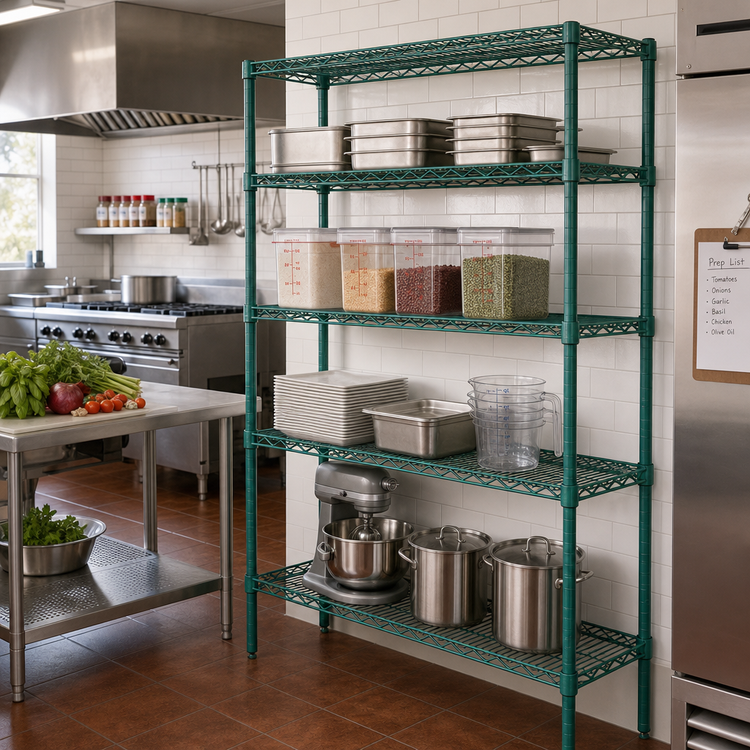 Product image #2 for Quantum Wire Shelving Starter Kit, 60 x 12 x 86 Inch, 4 Shelves, Green Epoxy Antimicrobial Finish