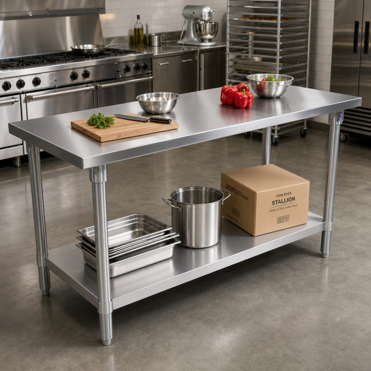 Product image #2 for John Boos Stallion 108" x 30" 14-Gauge 300-Series Stainless Steel Top Work Table with Galvanized Base and Adjustable Undershelf