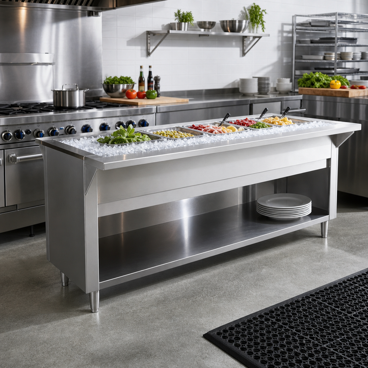 Product image #2 for Advance Tabco Triumph (Supreme) Ice Cooled Serving Counter, 4-Pan Capacity, Open Rear Base