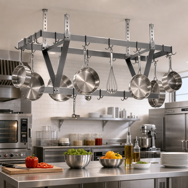 Product image #2 for Eagle Group 28 x 20 x 18 Inch Ceiling-Mounted Triple-Bar Stainless Steel Pot Rack with 9 Double-Pronged Hooks