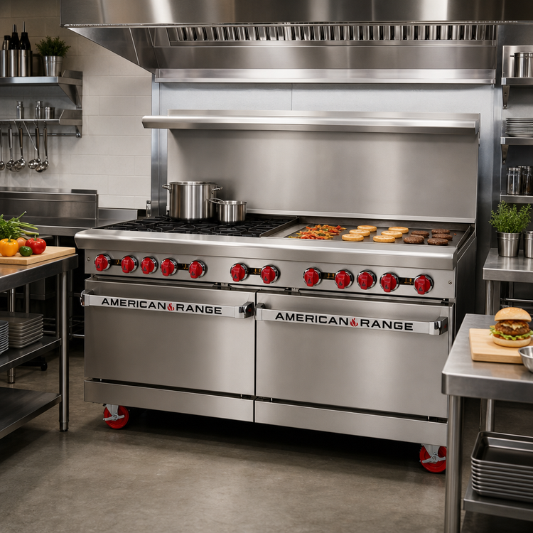 Product image #2 for American Range 60-Inch Gas Restaurant Range with 36-Inch Griddle, 4 Open Burners, Convection Oven, and Standard Oven