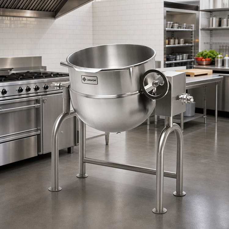 Product image #2 for Legion TWU-40 40-Gallon Direct Steam Tilting Kettle, 2/3 Jacketed, 304 Stainless Steel, U-Frame Mounted