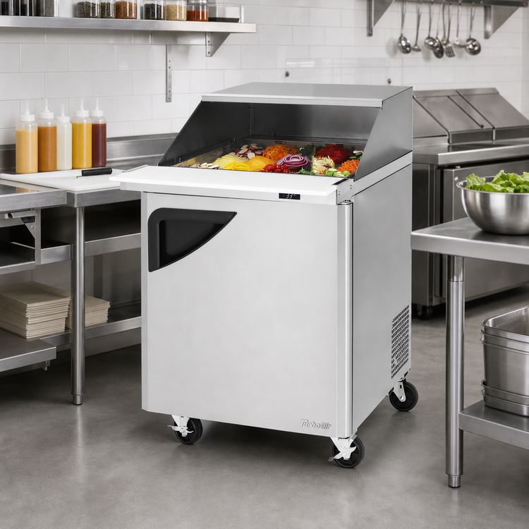 Product image #2 for Turbo Air Super Deluxe One-Section Refrigerated Sandwich/Salad Mega Top Prep Table with Slide-Back Lid, 12-Pan Capacity, 27-1/2 Inch Wide