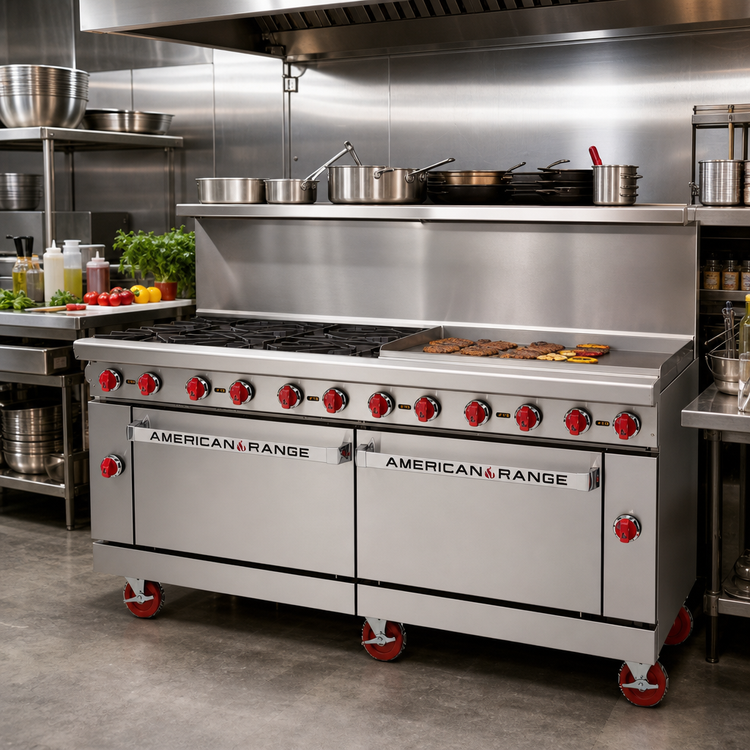 Product image #2 for American Range 72-Inch Gas Restaurant Range with 48-Inch Griddle, 4 Open Burners, Standard Oven, and Storage Base