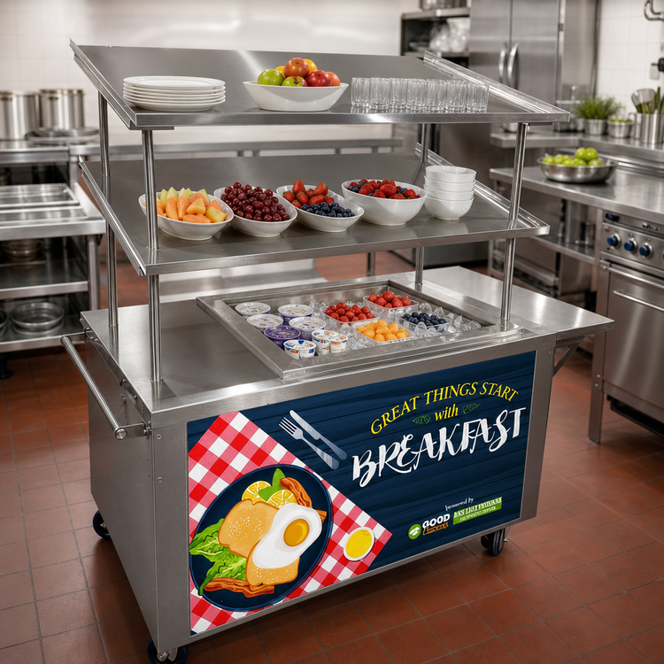 Product image #2 for Advance Tabco Stainless Steel Mobile Ice-Cooled Serving Cart with 52-Inch Double Slanted Overshelf