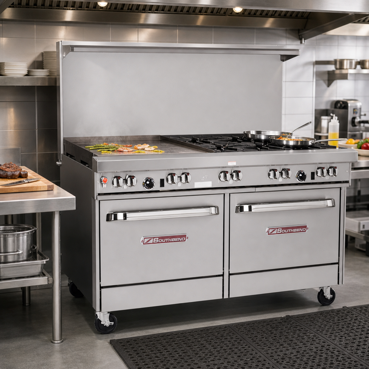 Product image #2 for Southbend Ultimate 60-Inch Gas Restaurant Range with 4 Star/Sauté Burners, 36-Inch Griddle, Standard Oven, and Cabinet Base