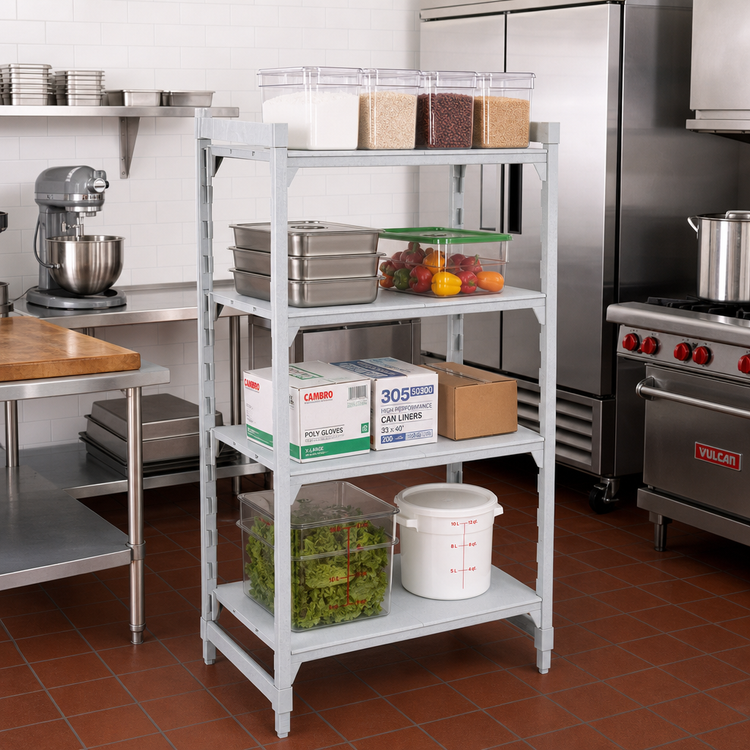 Product image #3 for Cambro Camshelving® Premium 4-Shelf Solid Stationary Starter Shelving Unit, 21-Inch Deep x 54-Inch Wide x 64-Inch High, Speckled Gray