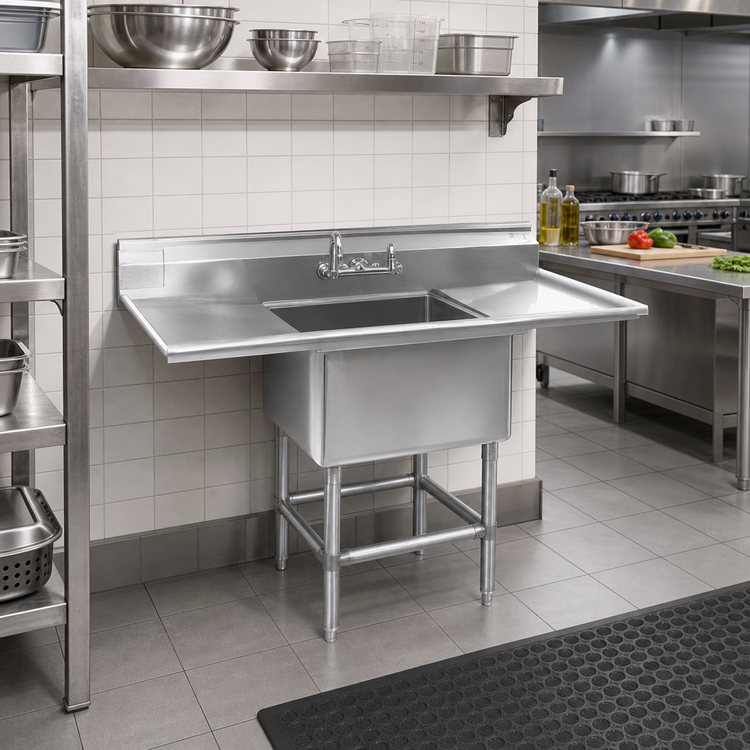 Product image #2 for Eagle Spec-Master One-Compartment Floor Model Stainless Steel Sink with Left and Right Drainboards, 58 Inch Wide
