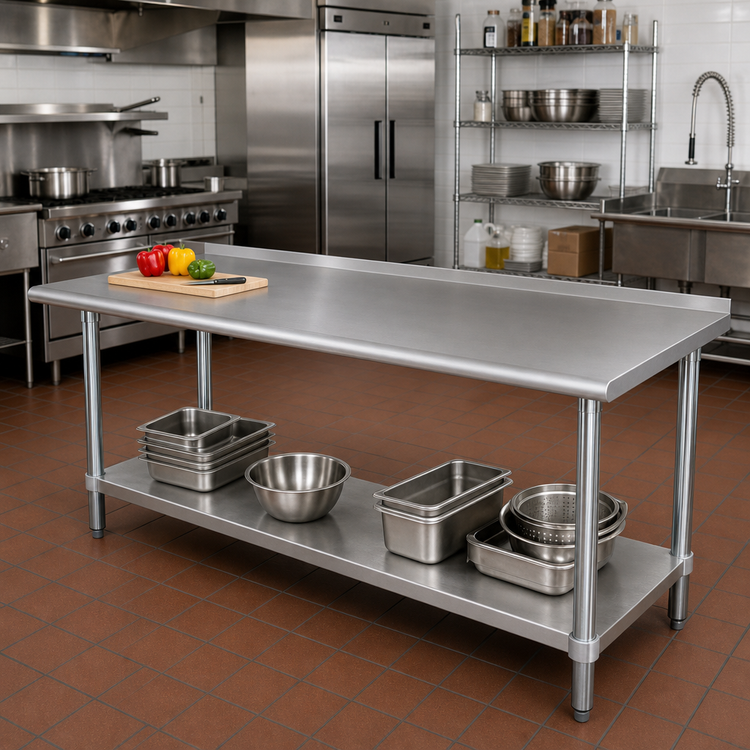 Product image #2 for Advance Tabco 108-Inch x 24-Inch Stainless Steel Work Table with 1-1/2-Inch Rear Splash and Adjustable Undershelf
