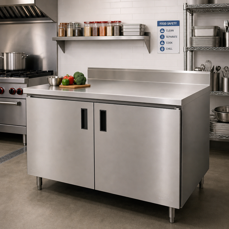 Product image #2 for Advance Tabco Special Value Series 60-Inch W x 30-Inch D Enclosed Work Table with Cabinet Base, 16-Gauge 304 Stainless Steel Top and 5-Inch Backsplash