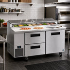Thumbnail image #2 for Hoshizaki Steelheart PR67B-D2 67-Inch Two-Section Refrigerated Pizza Prep Table with One Door and Two Drawers