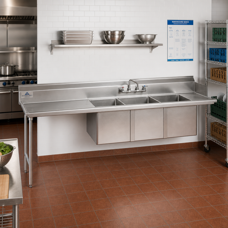 Product image #2 for Advance Tabco 107-Inch 3-Compartment Sink Dishtable with Left Drainboard and 20 x 20 x 14 Bowls