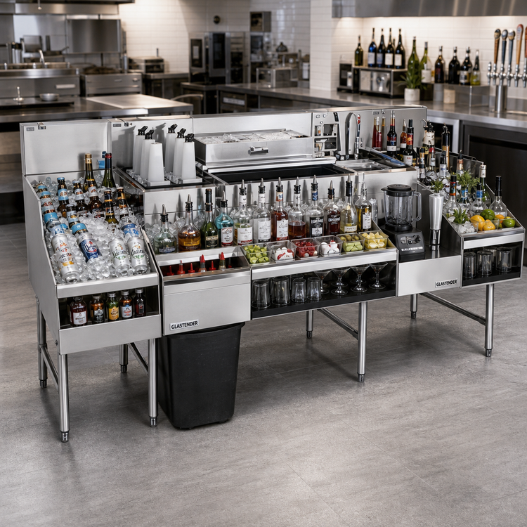 Product image #2 for Glastender 60-Inch All-In-One Underbar Ice Bin/Cocktail Station with 10-Circuit Cold Plate, Sink, and Blender Shelf