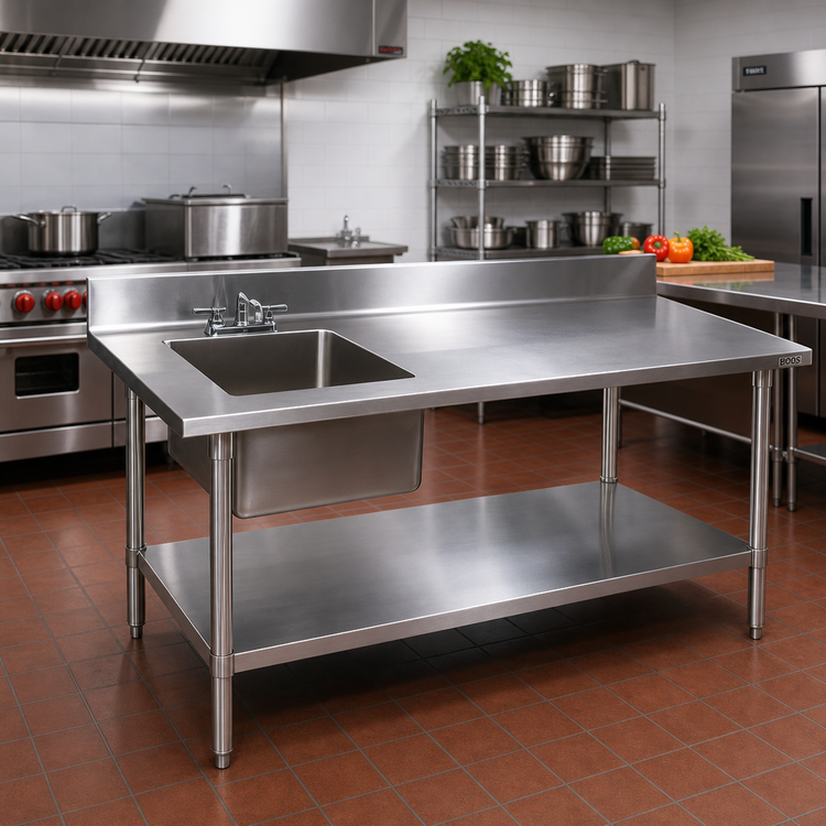 Product image #2 for John Boos 60-Inch x 30-Inch Stainless Steel Sink Table with Left Prep Sink, 5-Inch Backsplash and Undershelf
