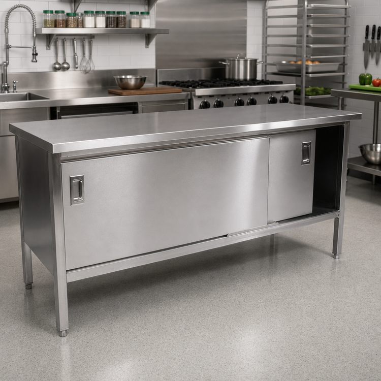 Product image #2 for John Boos Cabinet Base Enclosed Work Table with Sliding Doors, 108 x 30 Inch, 14-Gauge 300-Series Stainless Steel Flat Top