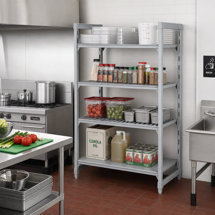 Product image #3 for Cambro Camshelving Premium 4-Shelf Stationary Starter Unit, 24" x 60" x 64", 3 Vented + 1 Solid, Speckled Gray