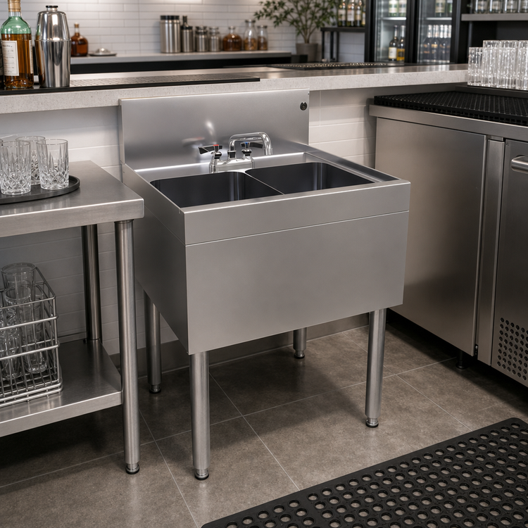 Product image #2 for Glastender DSB-24-S Two-Compartment Underbar Sink Unit with Deck-Mount Faucet, 24 Inch Wide x 24 Inch Deep