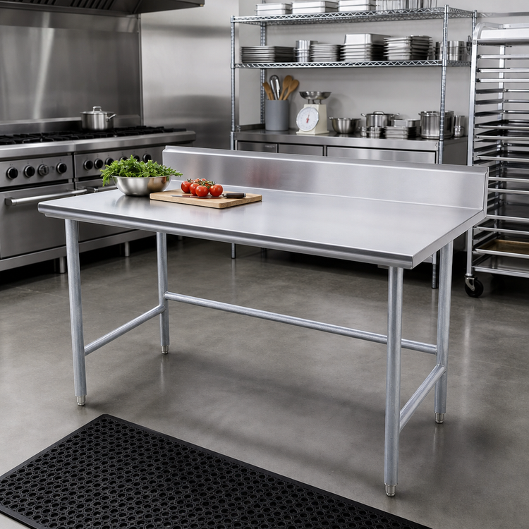 Product image #2 for Advance Tabco 48" x 30" 14-Gauge 304 Stainless Steel Work Table with 5" Backsplash and Galvanized Open Base