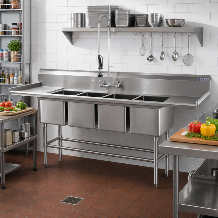 Product image #2 for Eagle Group Spec-Master FN Series 4-Compartment Stainless Steel Sink with (2) 30" Drainboards and 18" x 20" x 14" Bowls