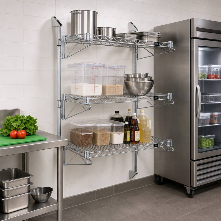 Product image #2 for Quantum Wall-Mounted Cantilever Wire Shelving Starter Unit with 3 Shelves, 54-Inch Posts, and Mounting Brackets
