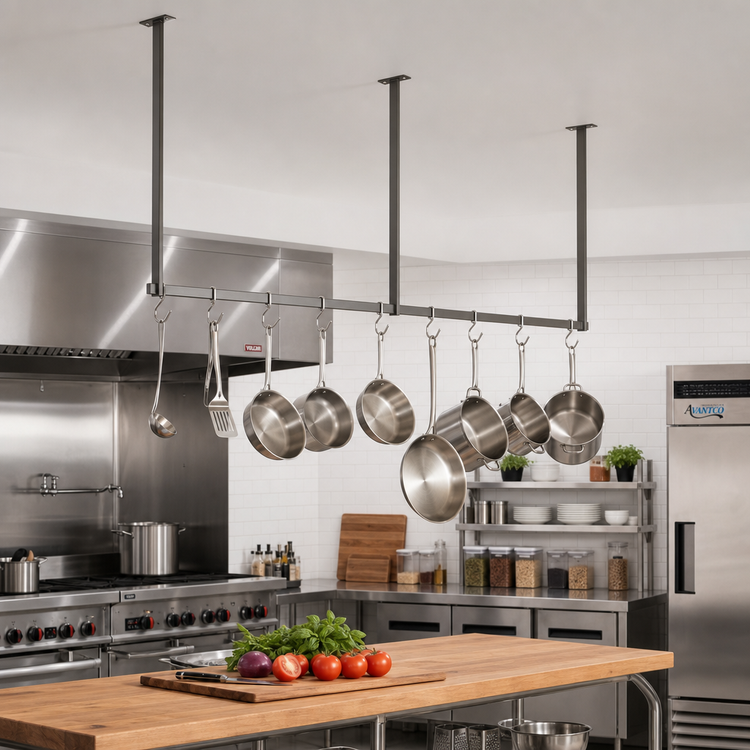 Product image #2 for John Boos Ceiling-Mount Single-Bar Stainless Steel Pot Rack with 8 Double Hooks, 91-1/4 Inch