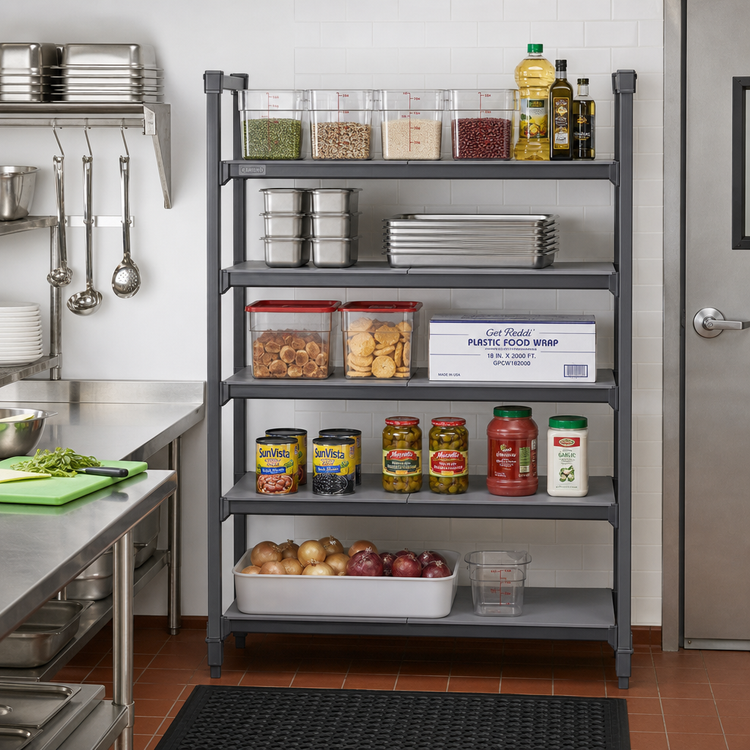 Product image #2 for Cambro Camshelving Basics Plus 48" x 18" Solid 5-Shelf Kit, Brushed Graphite