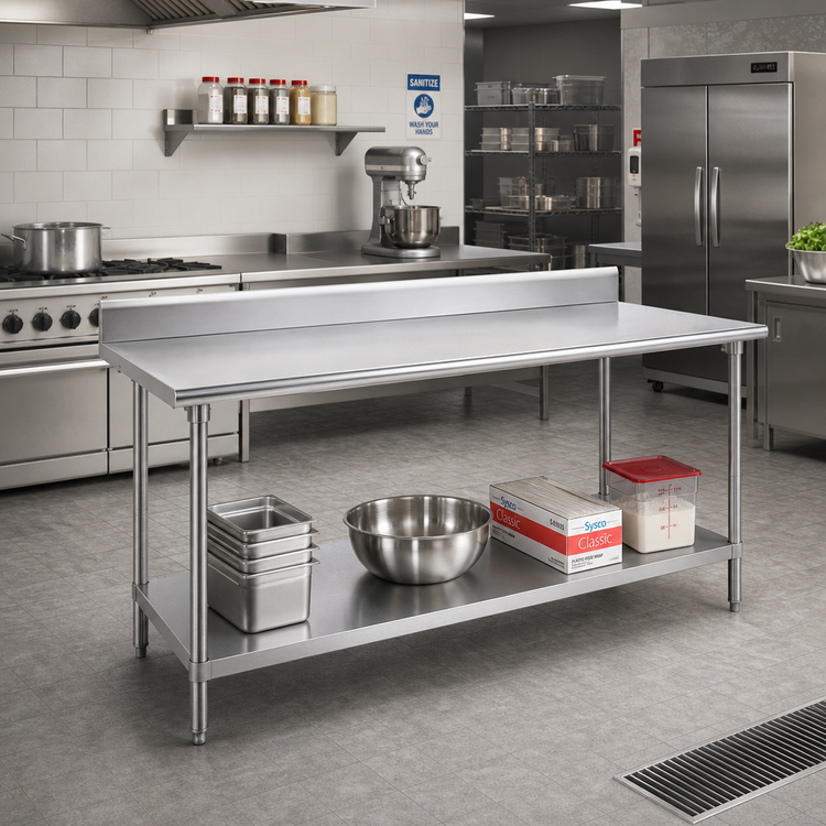 Product image #2 for Advance Tabco 120 x 24-Inch 16-Gauge 304 Stainless Steel Work Table with 5-Inch Backsplash and Adjustable Undershelf