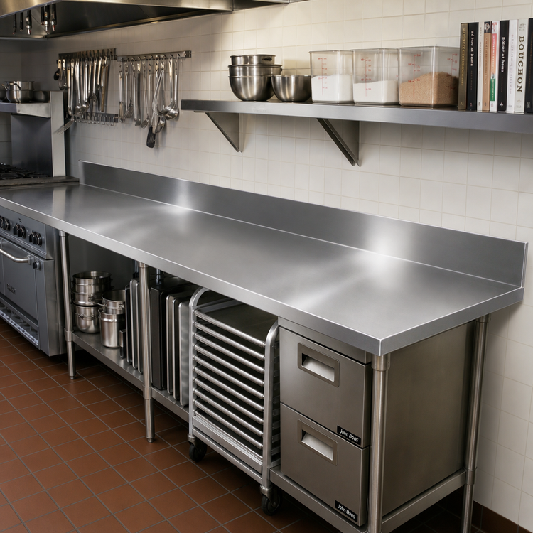 Product image #2 for John Boos 132" x 30" Stainless Steel Countertop with 6" Boxed Backsplash