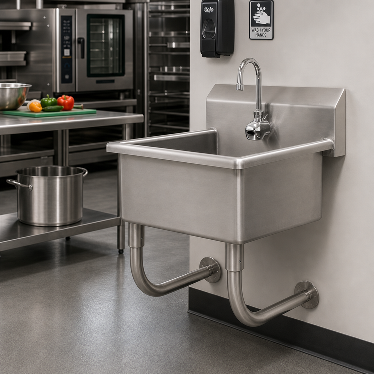 Product image #2 for Advance Tabco One-Station Wall-Mounted Stainless Steel Service Sink with Electronic Faucet, 27 x 21 Inch, 12-Inch Deep Bowl