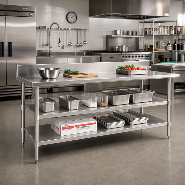 Product image #2 for Adjustable 18-Gauge 430 Stainless Steel Work Table Undershelf, 144-Inch x 24-Inch, for Uni-Lok Hat Channel Frames