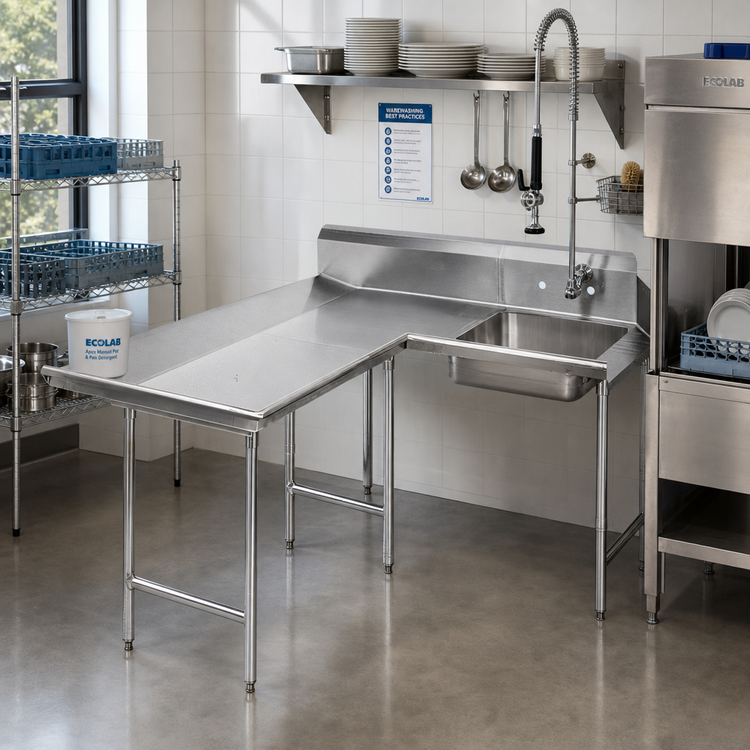 Product image #2 for Advance Tabco L-Shaped Left-Hand Dishlanding-Soil Dishtable with Pre-Rinse Sink, 59 Inch Long, 10-1/2 Inch Backsplash, 16/304 Stainless Steel