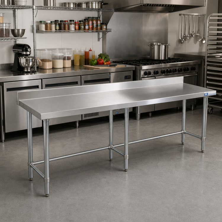 Product image #2 for BK Resources 60" x 30" Open Base Stainless Steel Work Table with 5" Backsplash and Galvanized Legs