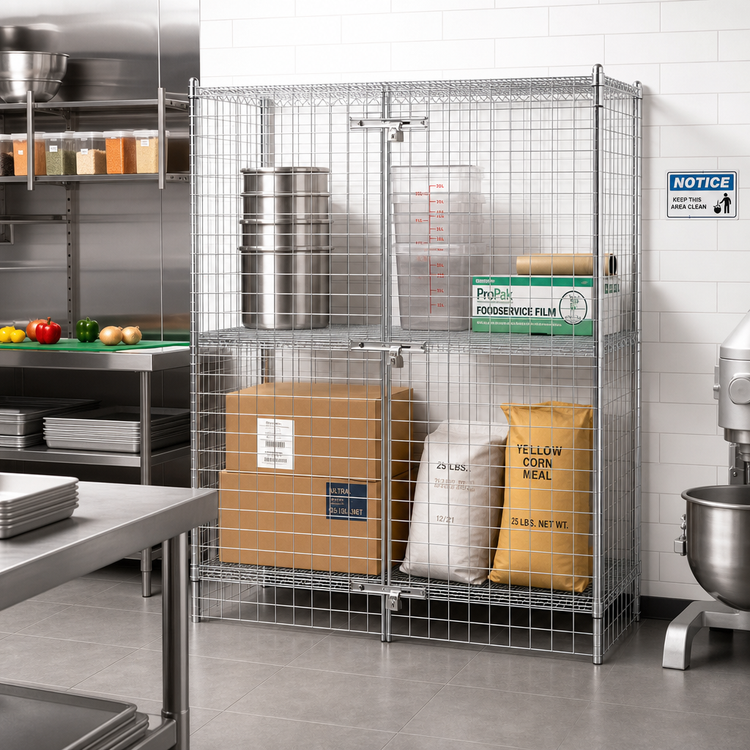 Product image #2 for 48 Inch W x 24 Inch D x 63 Inch H Wire Security Cage with 2 Shelves, Chrome Finish