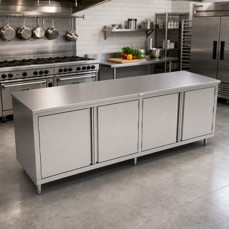 Product image #2 for John Boos 120" x 30" Stainless Steel Flat Top Enclosed Work Table with Cabinet Base and Hinged Doors