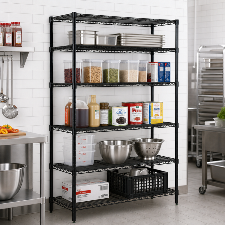 Product image #2 for Quantum 48"W x 12"D x 63"H Wire Shelving Starter Kit with 5 Shelves and 4 Posts, Black Epoxy Antimicrobial Finish
