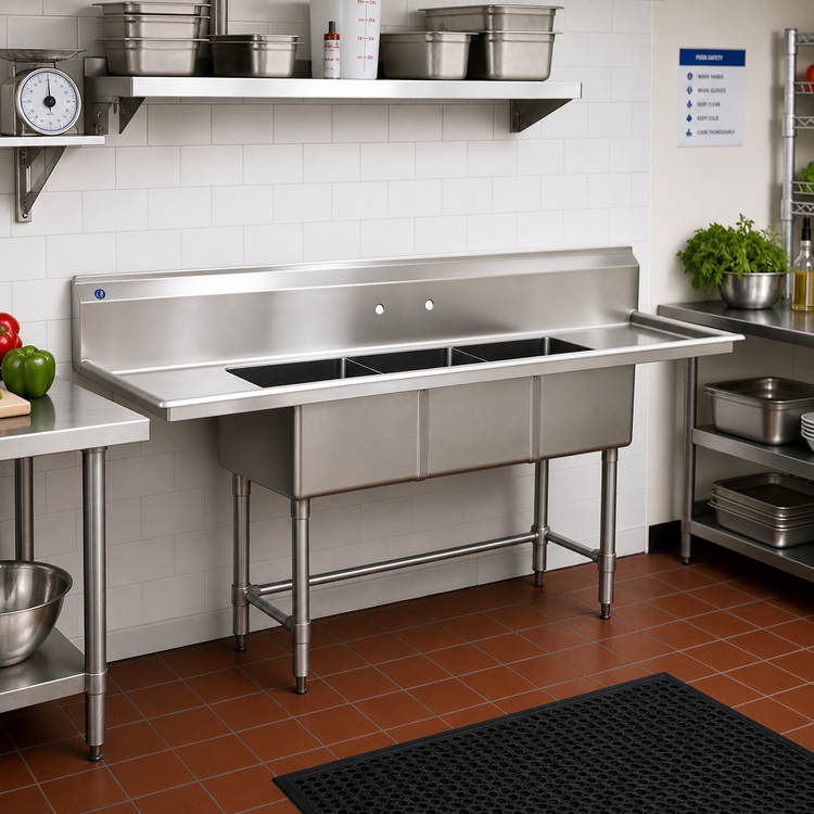 Product image #2 for BlendPort BPFE Series Economy Stainless Steel 2-Compartment Sink with Right Drainboard, 18 x 18 Inch Bowls