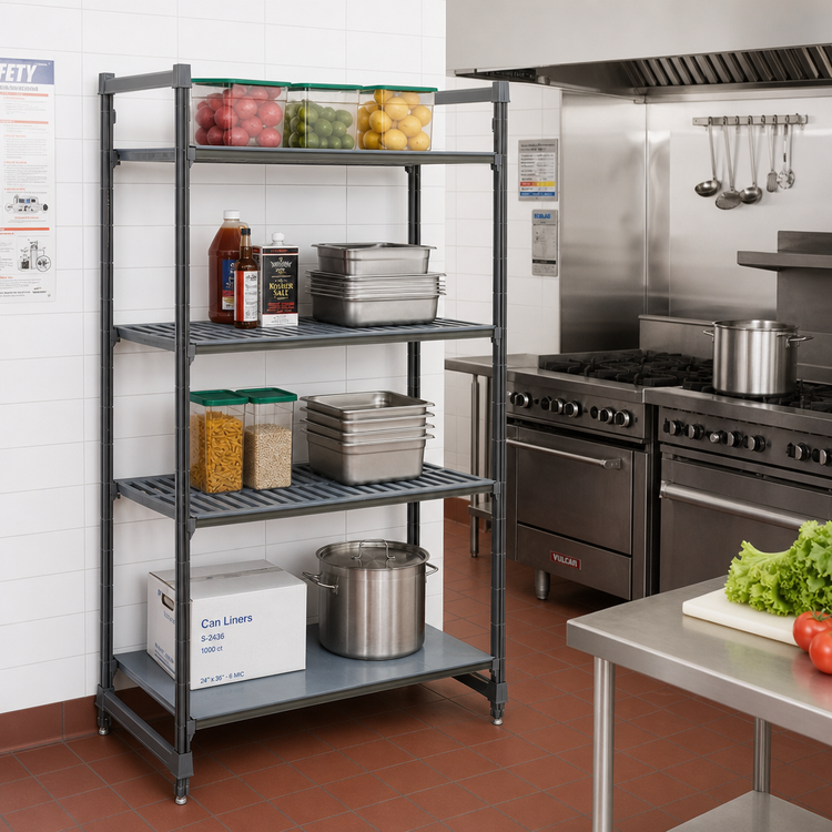 Product image #2 for Cambro Camshelving Basics Plus 21" D x 30" W x 64" H 4-Tier Stationary Starter Unit, 3 Vented + 1 Solid, Brushed Graphite