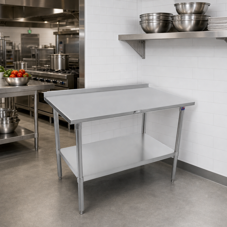 Product image #2 for John Boos Stallion 30-Inch x 30-Inch Corner Stainless Steel Work Table with 14-Gauge 300-Series Top, Rear Up-Turn and Undershelf